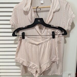 Eberjey Striped Short Sleeve Pajama Set in Cream and Light Pink